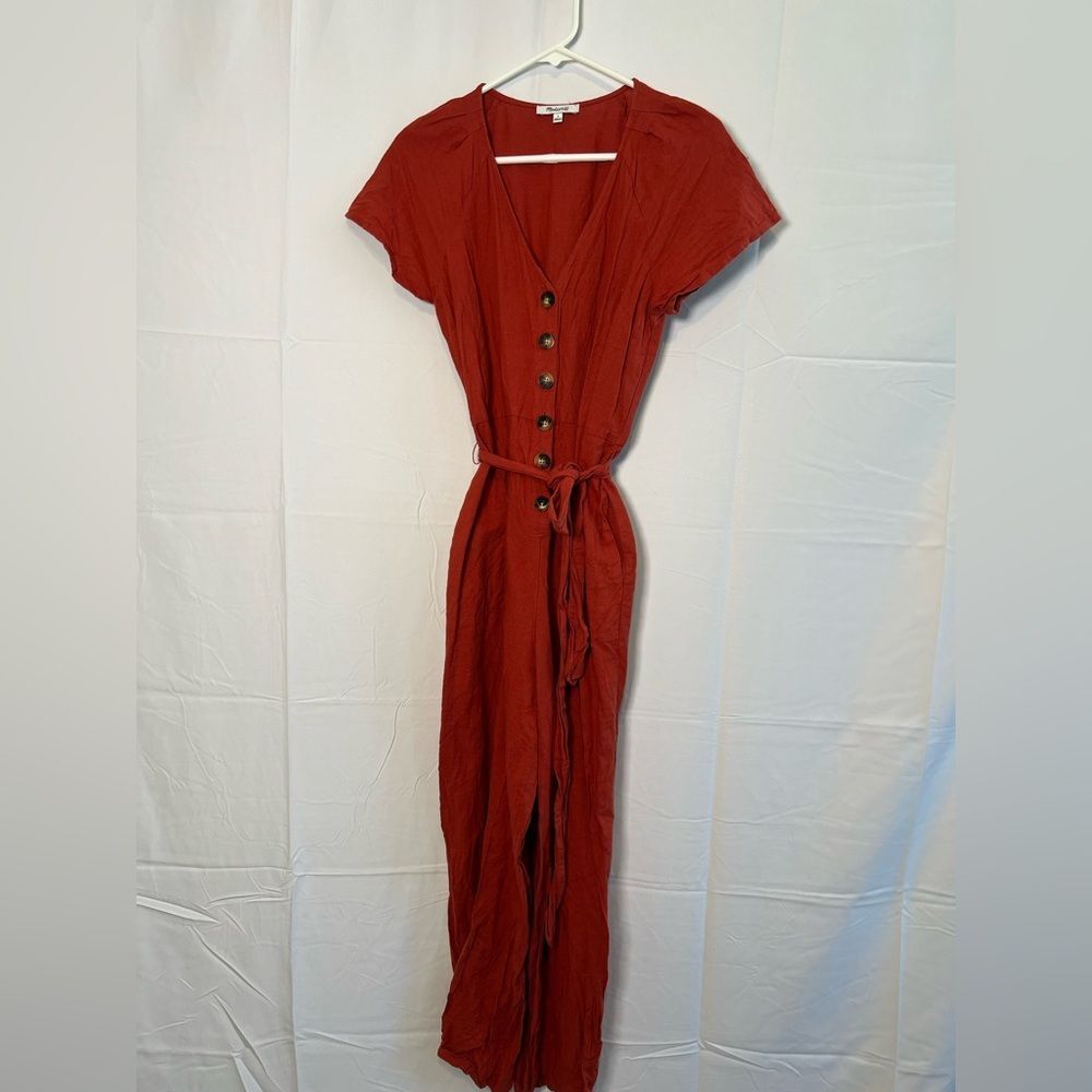 Madewell Rust Button-Front Cotton/Linen Jumpsuit … - image 1